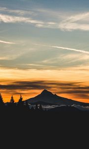 Preview wallpaper mountain, sunset, sky, clouds, trees, landscape, twilight