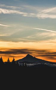 Preview wallpaper mountain, sunset, sky, clouds, trees, landscape, twilight