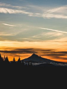 Preview wallpaper mountain, sunset, sky, clouds, trees, landscape, twilight