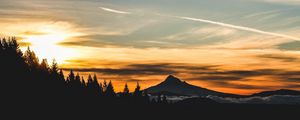 Preview wallpaper mountain, sunset, sky, clouds, trees, landscape, twilight