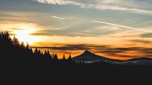 Preview wallpaper mountain, sunset, sky, clouds, trees, landscape, twilight