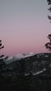 Preview wallpaper mountain, sunset, sky, trees, snowy, peak