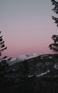 Preview wallpaper mountain, sunset, sky, trees, snowy, peak