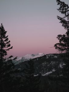 Preview wallpaper mountain, sunset, sky, trees, snowy, peak