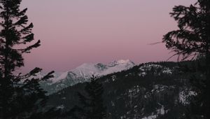 Preview wallpaper mountain, sunset, sky, trees, snowy, peak