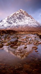 Preview wallpaper mountain, top, lake, stones, glenkoe, scotland