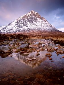 Preview wallpaper mountain, top, lake, stones, glenkoe, scotland