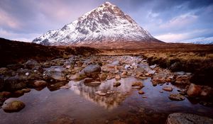 Preview wallpaper mountain, top, lake, stones, glenkoe, scotland