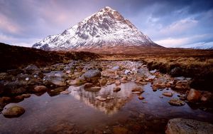 Preview wallpaper mountain, top, lake, stones, glenkoe, scotland