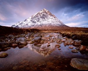 Preview wallpaper mountain, top, lake, stones, glenkoe, scotland