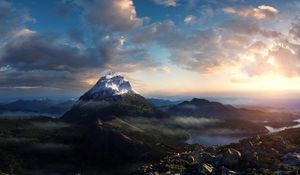 Preview wallpaper mountain, top, peak, clouds, sky, stones, distance, height, dreams