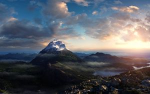 Preview wallpaper mountain, top, peak, clouds, sky, stones, distance, height, dreams