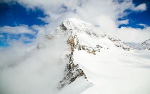 Preview wallpaper mountain, top, snow, clouds, mountain landscape