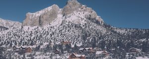 Preview wallpaper mountain, top, snow, houses, recreation