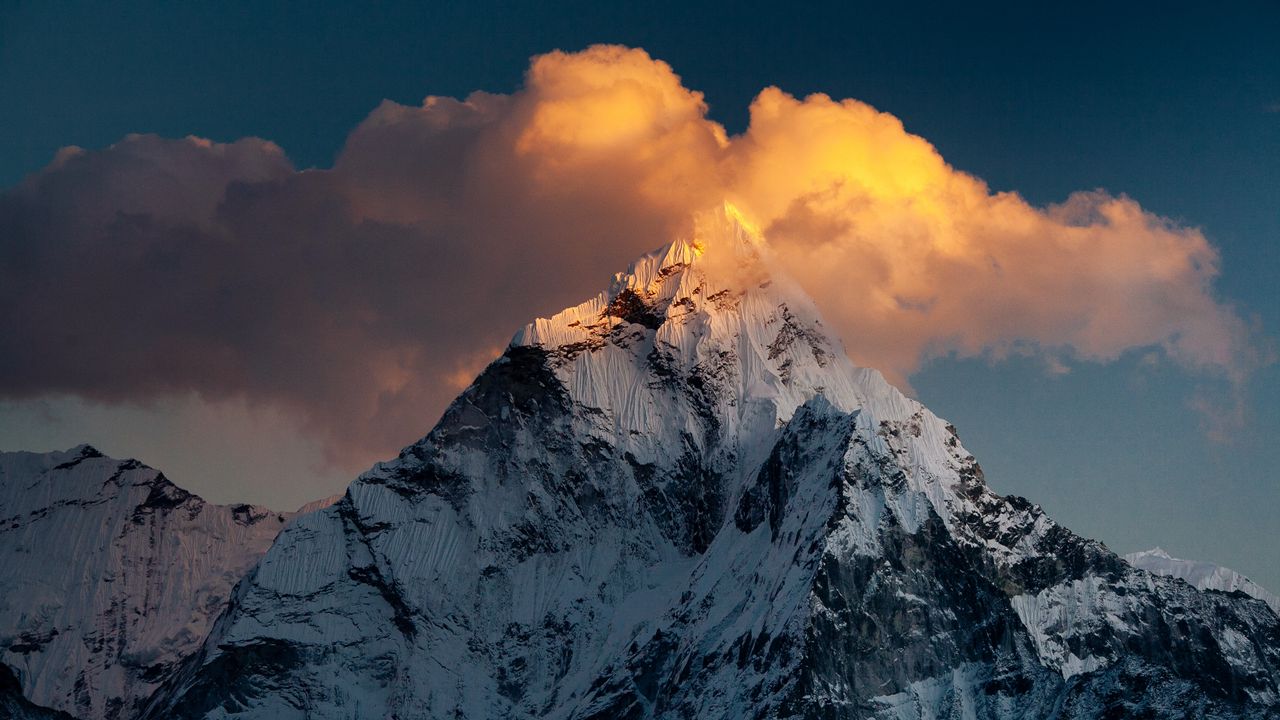 Wallpaper mountain, top, snow, clouds, khumbu valley, namche, nepal