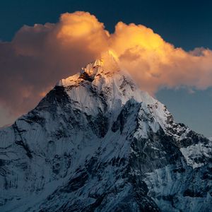 Preview wallpaper mountain, top, snow, clouds, khumbu valley, namche, nepal