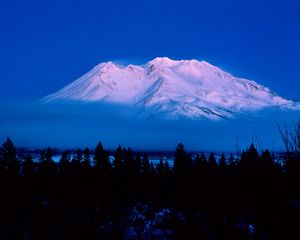 Preview wallpaper mountain, top, volcano, fog, trees, outlines