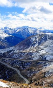 Preview wallpaper mountain tops, snow, road, bends, height