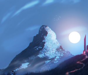 Preview wallpaper mountain, trail, moon, night, art
