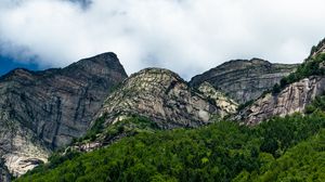Preview wallpaper mountain, trees, bushes, clouds, nature