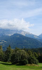 Preview wallpaper mountain, trees, cloud, foot, landscape