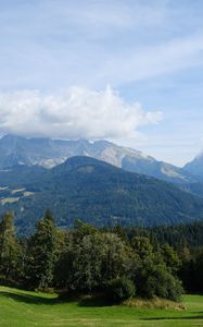 Preview wallpaper mountain, trees, cloud, foot, landscape