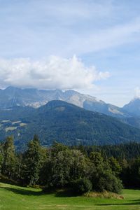 Preview wallpaper mountain, trees, cloud, foot, landscape