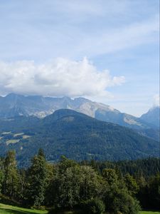 Preview wallpaper mountain, trees, cloud, foot, landscape