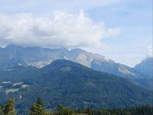 Preview wallpaper mountain, trees, cloud, foot, landscape