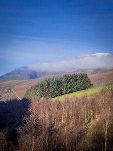 Preview wallpaper mountain, trees, clouds, aerial view, landscape