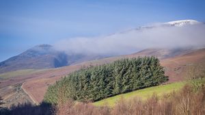 Preview wallpaper mountain, trees, clouds, aerial view, landscape