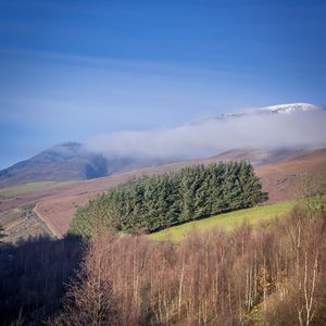 Preview wallpaper mountain, trees, clouds, aerial view, landscape