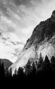 Preview wallpaper mountain, trees, clouds, nature, black and white, bw