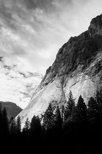 Preview wallpaper mountain, trees, clouds, nature, black and white, bw