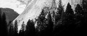 Preview wallpaper mountain, trees, clouds, nature, black and white, bw