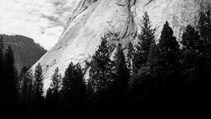 Preview wallpaper mountain, trees, clouds, nature, black and white, bw