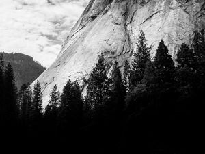 Preview wallpaper mountain, trees, clouds, nature, black and white, bw