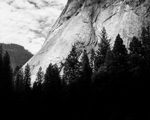 Preview wallpaper mountain, trees, clouds, nature, black and white, bw