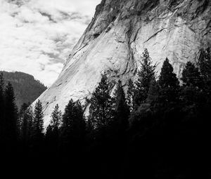 Preview wallpaper mountain, trees, clouds, nature, black and white, bw