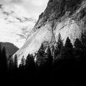 Preview wallpaper mountain, trees, clouds, nature, black and white, bw