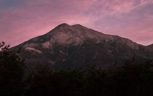 Preview wallpaper mountain, trees, dusk, sky, purple