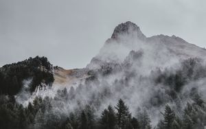 Preview wallpaper mountain, trees, fog, aerial view, sky, peak