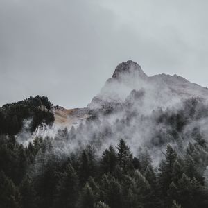 Preview wallpaper mountain, trees, fog, aerial view, sky, peak