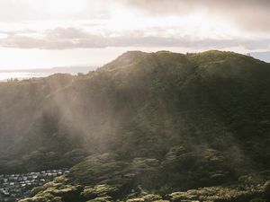 Preview wallpaper mountain, trees, forest, valley, houses