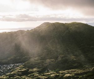 Preview wallpaper mountain, trees, forest, valley, houses