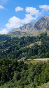 Preview wallpaper mountain, trees, house, road, nature, landscape