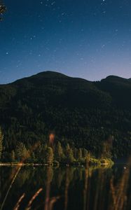 Preview wallpaper mountain, trees, lake, forest, starry sky