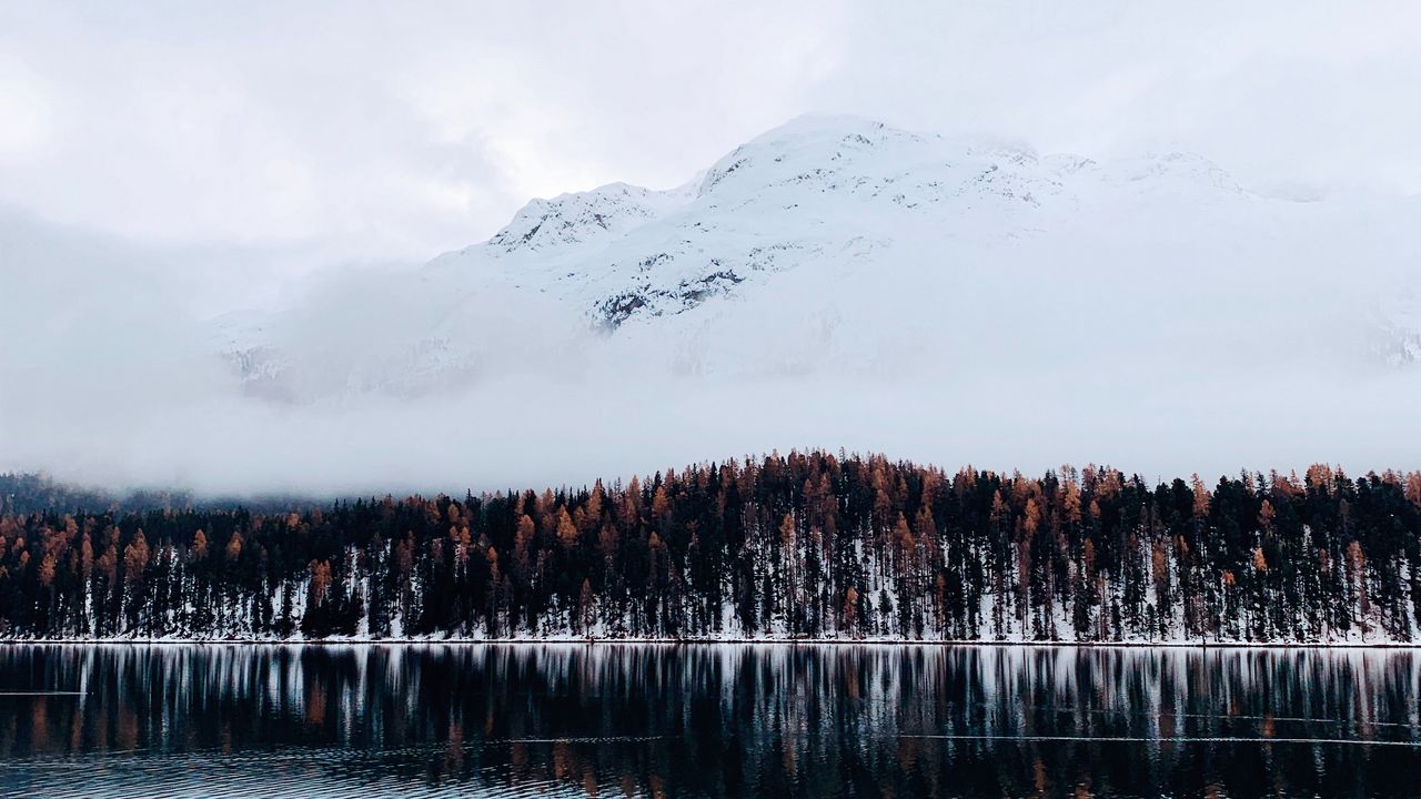 Wallpaper mountain, trees, lake, snow, winter, sky