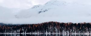 Preview wallpaper mountain, trees, lake, snow, winter, sky