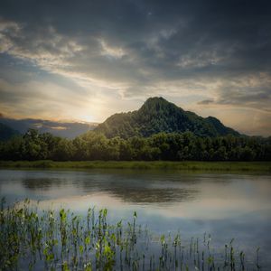 Preview wallpaper mountain, trees, lake, reflection, sky